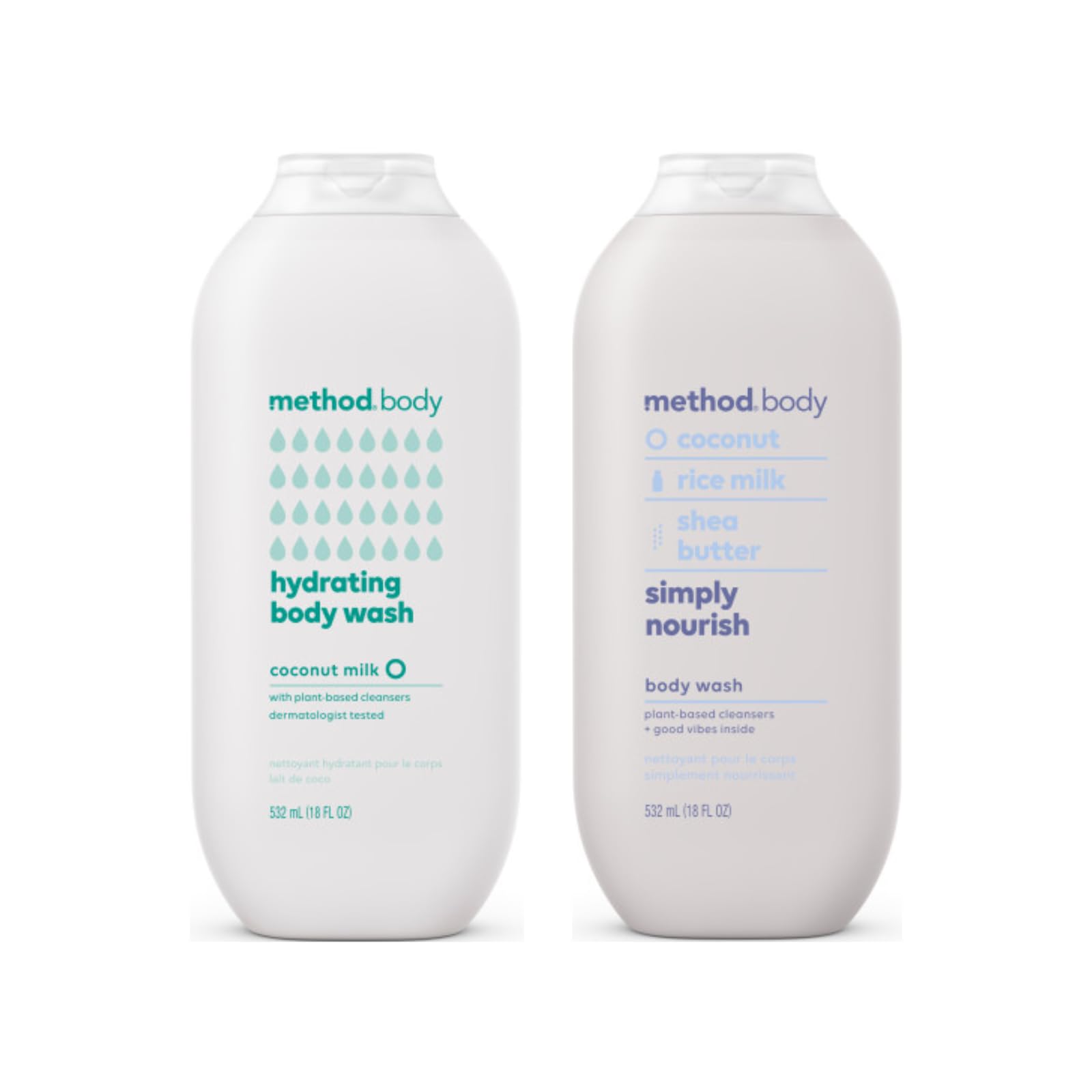 Method Body Wash Duo for Daily Cleansing and Skin Care, Moisturizing Body Wash, Hydrating Coconut Milk and Simply Nourish, 18 Fluid Ounce (Variety Pack)