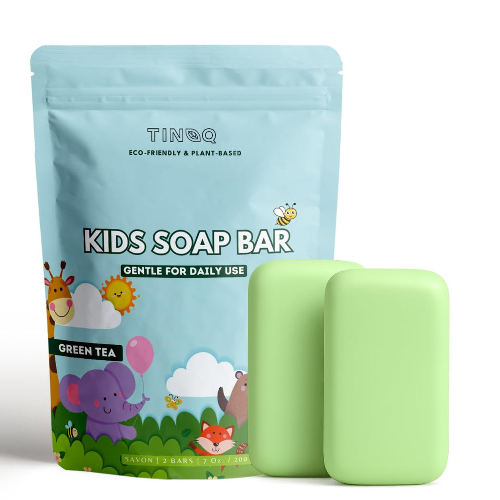 TINOQ Kids Soap Bar | Hypoallergenic for Sensitive Skin | Natural & Organic Ingredients | Calming Green Tea | Eco Zoo Packaging for Kids & Earth | 2 Bars – 3.5 oz Each