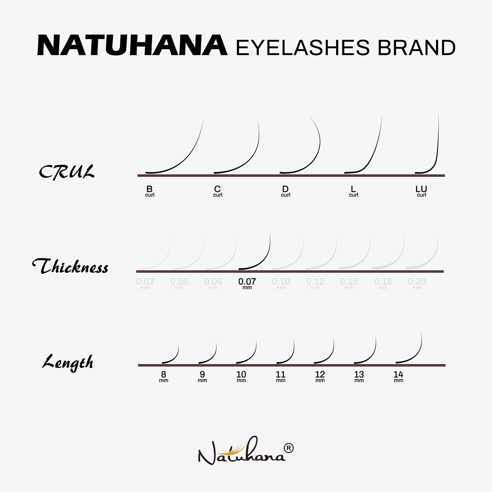 NATUHANA Classic Volume Lash Extensions 0.07 D Curl 8-14mm Mix Tray Brown