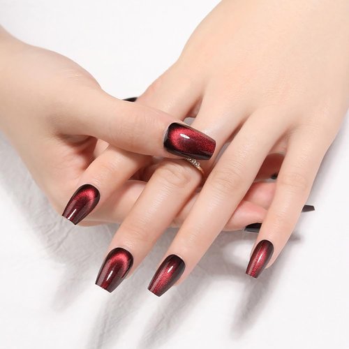 Medium Coffin Press on Nails, Wine Red Cat Eye Press on Nails, Fashion Gel Fake Nails, Reusable Acrylic Fake Nails, Glossy Stick on Nails for Women Gift, Glue on Nails Kit 24 Pcs, Midnight Blaze