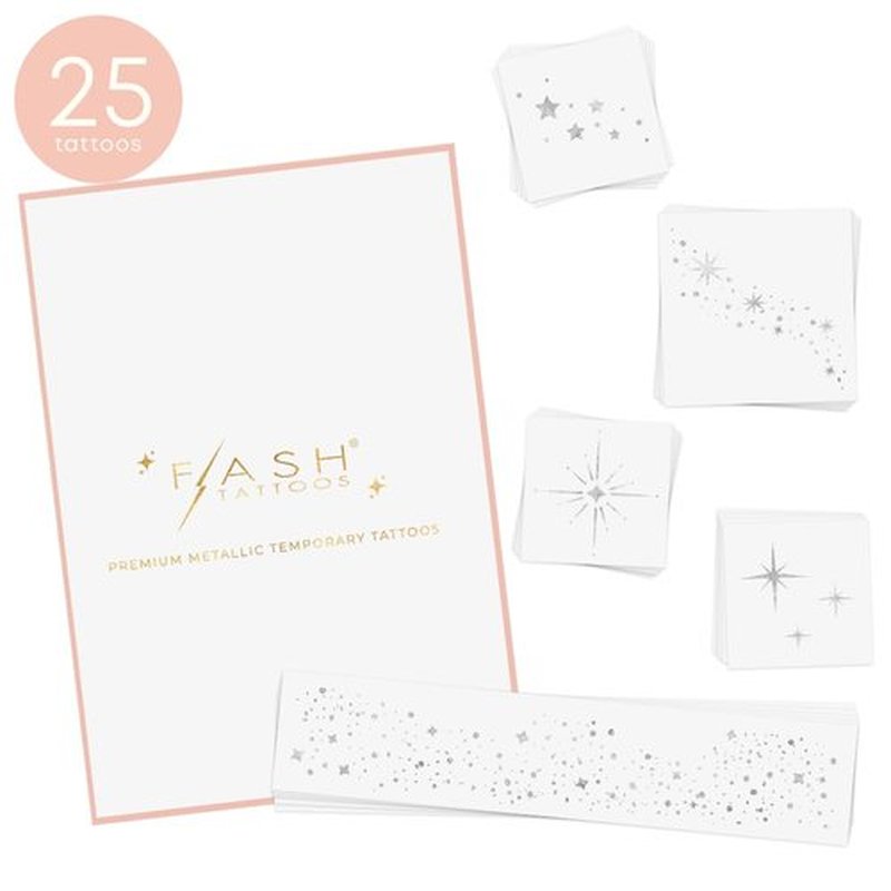 Flash Tattoos Starlight Temporary Tattoos | 25 Temporary Tattoos | Premium Waterproof Metallic Silver Glitter Face Sparkle, Freckles