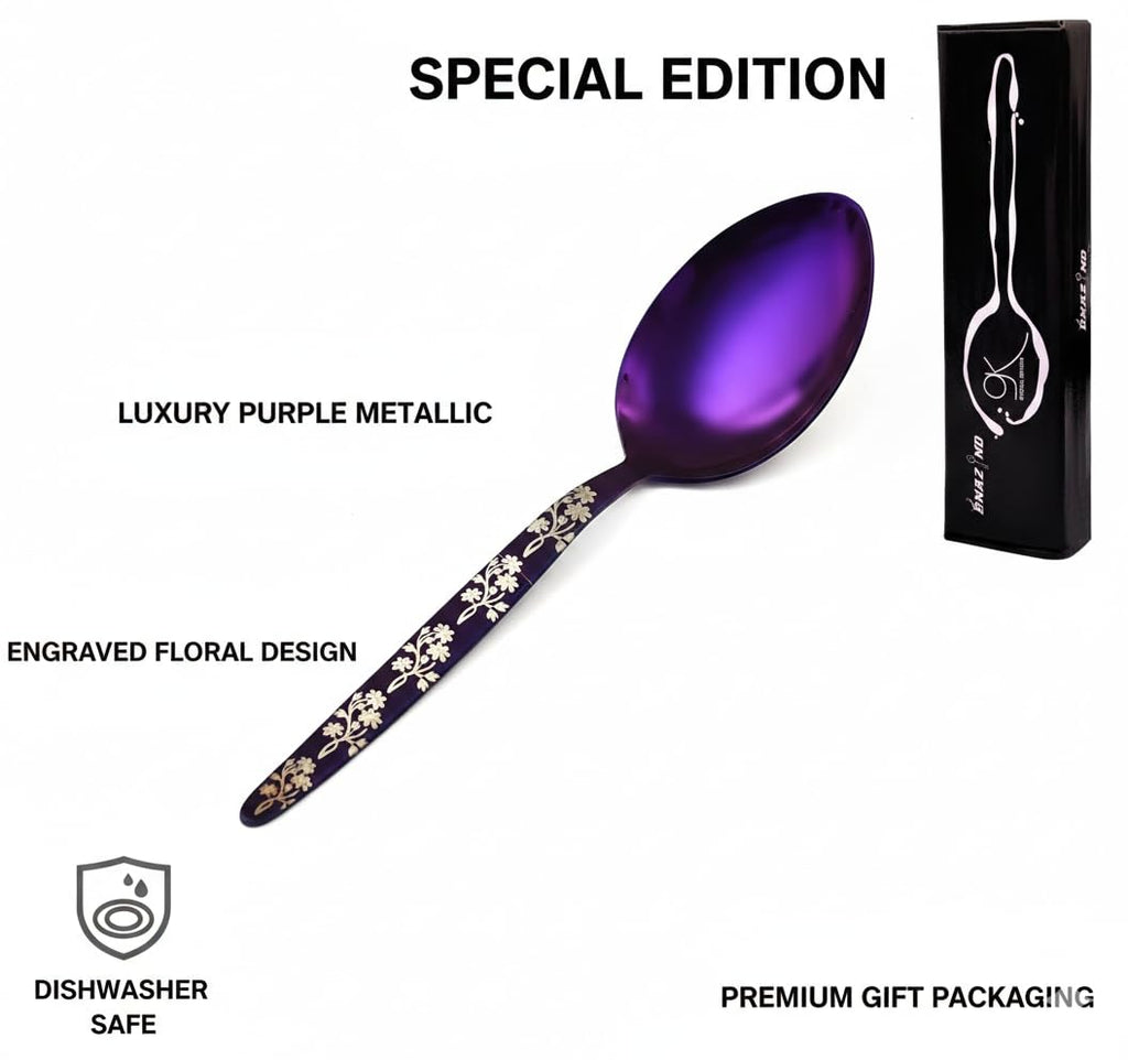 BNAZIND Chef Kunz Spoon Purple | Silverware 18/10 Stainless Steel Silver Cooking Serving Spoon | 9 Inch Saucing, Plating, Basting, Quenelle, Daily Chef Spoons | Dishwasher safe