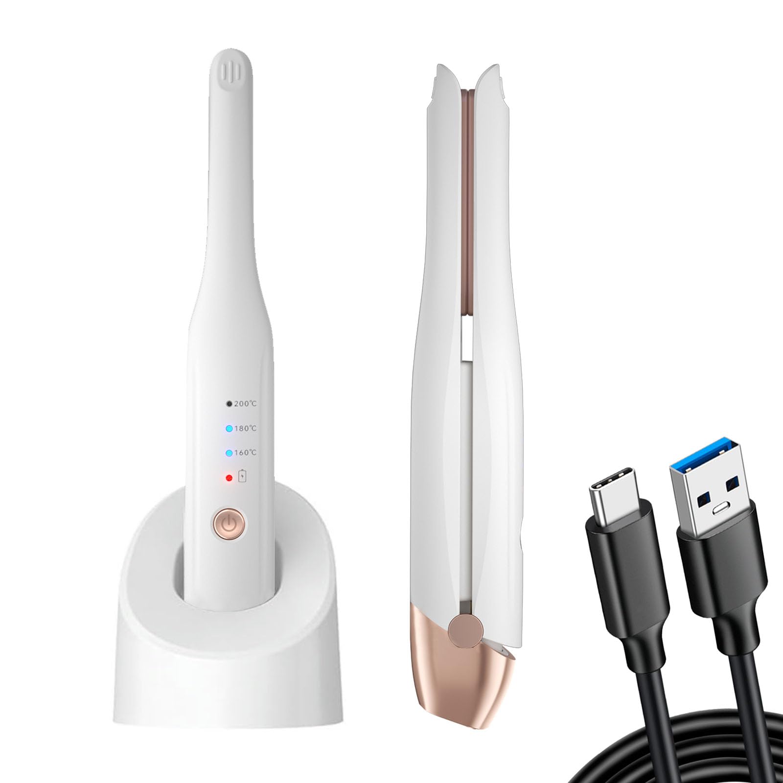 Cordless Hair Straightener and Mini Curling Iron 2 in 1, Small Flat Irons for Short Hair, Ceramic Tourmaline Mini Hair Straightener, Fast Heating, 3 Temperature Settings, Auto Shut-Off (White)