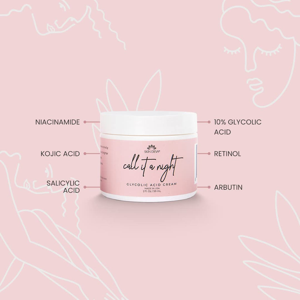 Skin Deva Glycolic Acid Night Cream, Exfoliating Face Cream with Kojic Acid, Niacinamide & Retinol, Helps Improve Skin Texture, Brighten Appearance & Minimize the Look of Pores – 2 oz