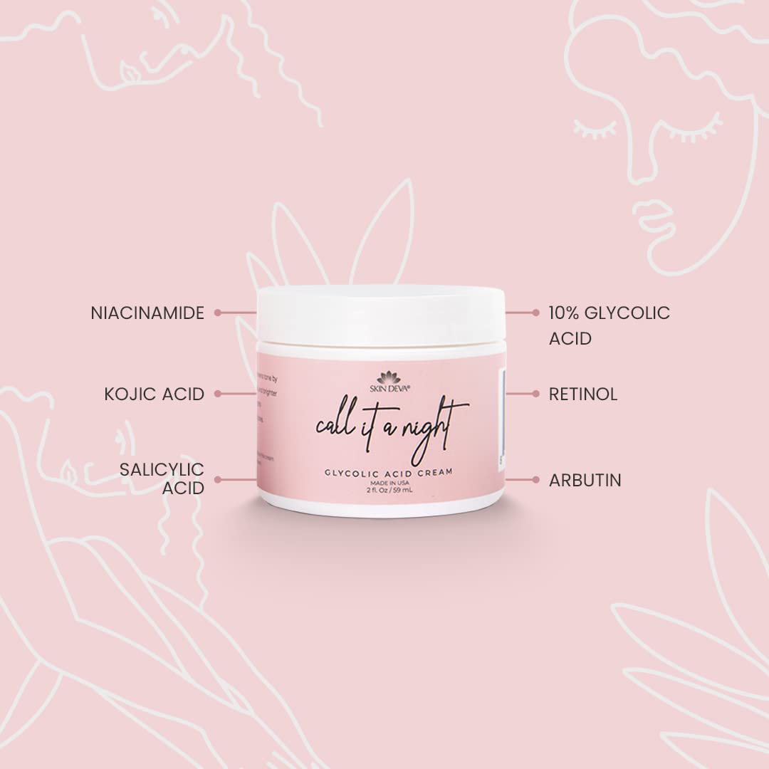 Skin Deva Glycolic Acid Night Cream, Exfoliating Face Cream with Kojic Acid, Niacinamide & Retinol, Helps Improve Skin Texture, Brighten Appearance & Minimize the Look of Pores – 2 oz
