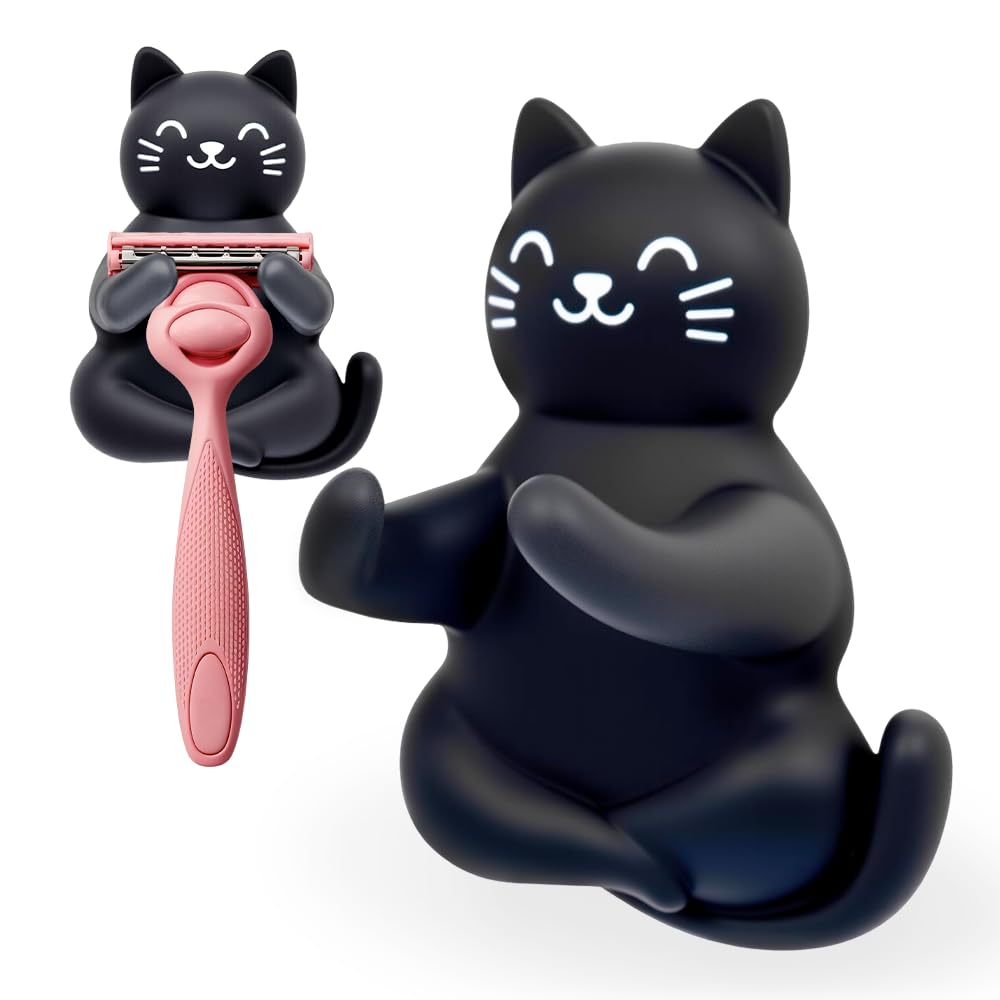 Mhfpl Cute Black Cat Silicone Razor Holder for Shower Adhesive Sticky Heavy Duty Waterproof Wall Hooks, Black Cat Razor Hooks for Bathroom Inside Shower Wall Hanging Loofah Towel
