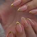 XZMeiLun Short Almond Press on Nails with French Tip & 3D Gold Line Star Design, Glossy Full Cover Acrylic False Nails with Glue, Reusable Stick - Glue on Fake Nails for Women- Fall Nail Art Gift