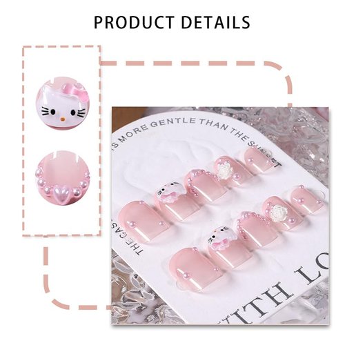 Pink French Tip Press on Nails Short Square Cute Fake Nails with Cat Flowers Nail Charms Design Full Cover Cartoon Acrylic Nails for Women DIY Party Nail Decoration Supply 24Pcs