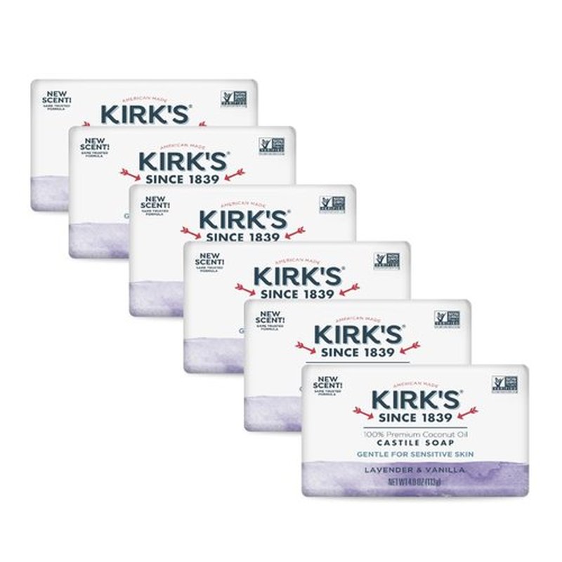 Kirk's Castile Bar Soap for Men, Women & Children - Made with Premium Coconut Oil, Sensitive Skin Formula, Vegan, Non GMO, Lavender & Vanilla, 4 oz. Bars 6 Pack