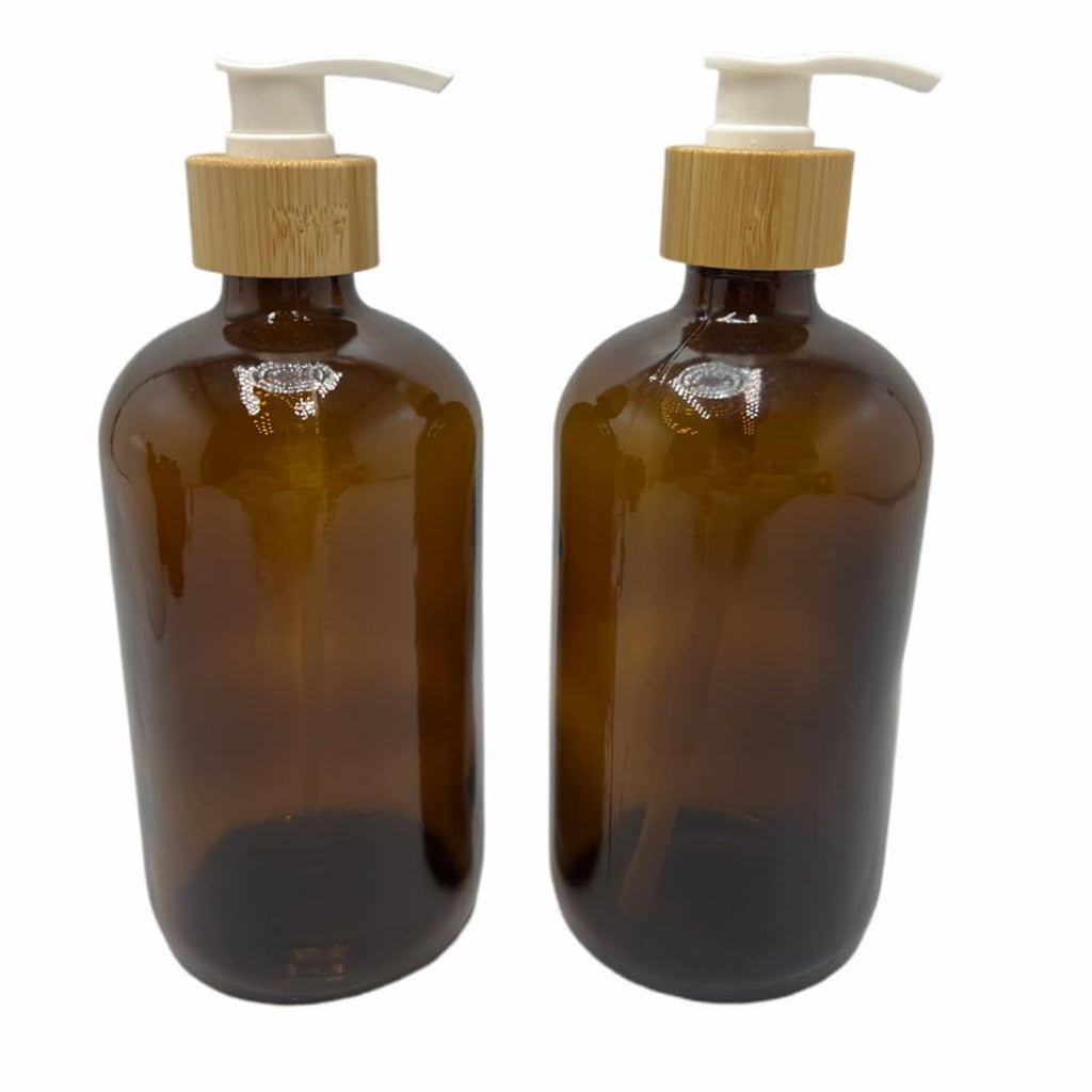 2PCS 500ML/16.6 oz Empty Refillable Brown Glass Pump Bottles Container Holder Vials Pot Storage with Bamboo Screw Pump Head for Bath Shower Shampoo Hair-Conditioner Cleanser Makeup Liquid