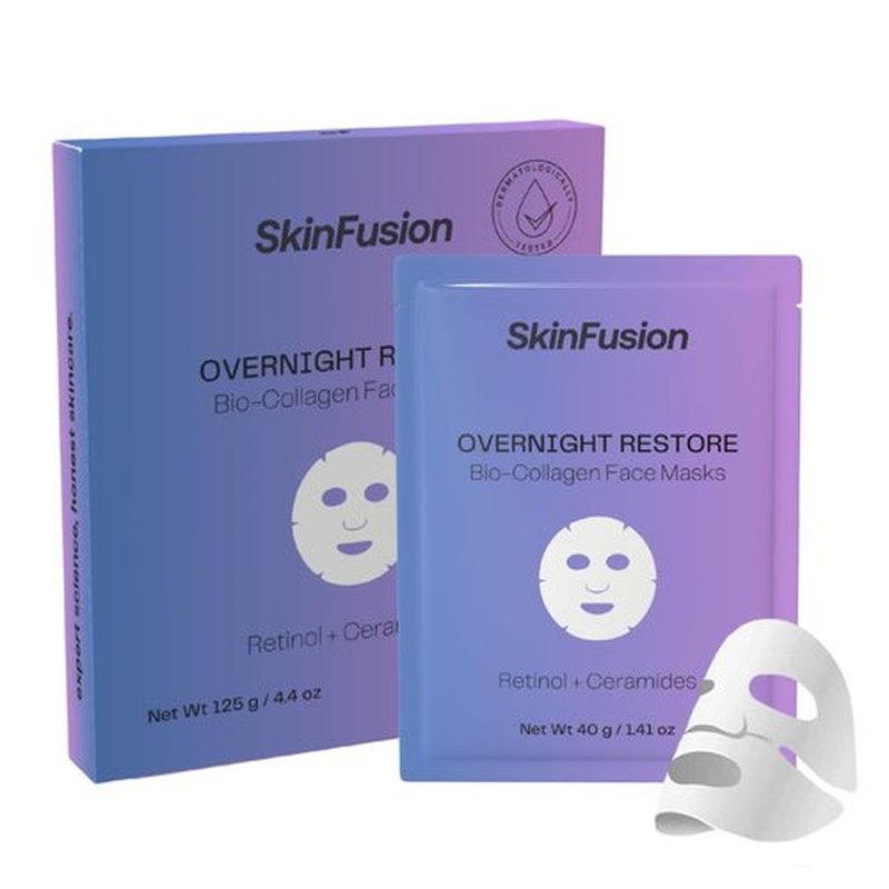 SkinFusion Bio-Collagen Sheet Face Masks (Overnight Restore, 5 Pack) with Retinol + Ceramides - Anti-Aging, Minimize Wrinkles and Pores, Deep Hydration, Firming - Gifts for Women - K Beauty