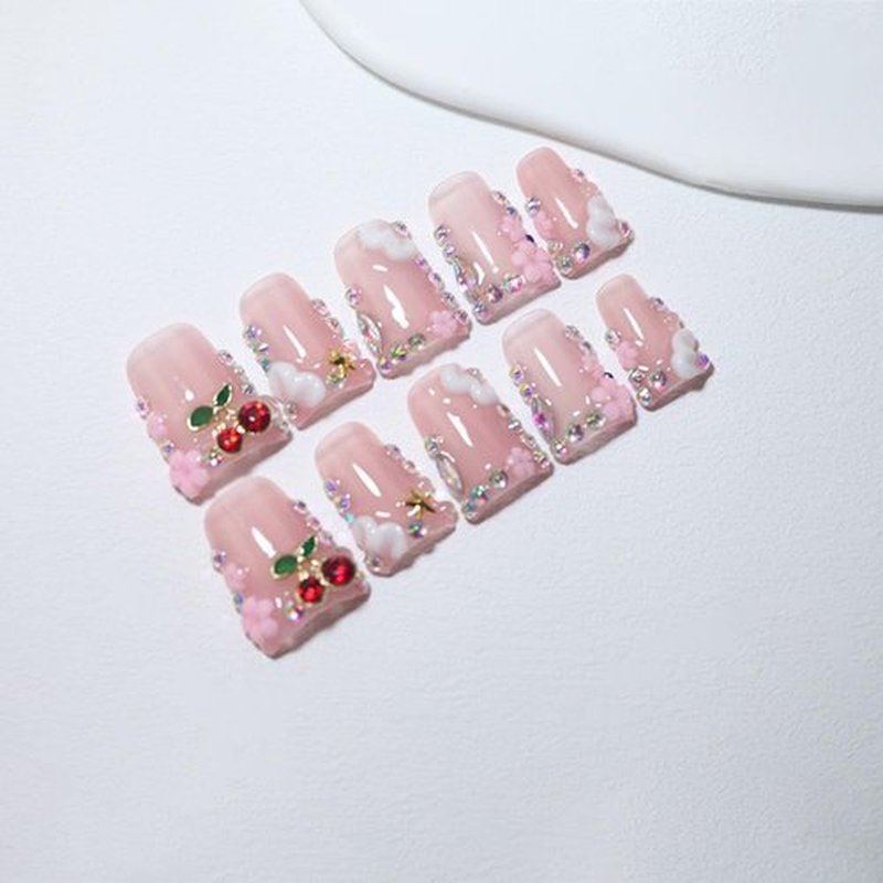 10Pcs Duck-shaped Handmade Press On Nails | French Style with 3D Floral & Rhinestone Decor | Easy to Apply, Remove & Reusable, Salon - Quality (25103S, S)