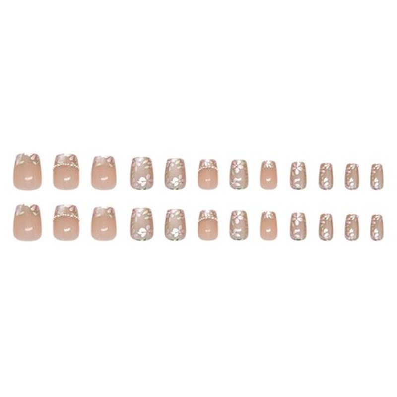 Hkanlre Flower Fake Nails Tips Pearl French Press on Nails Full Cover Square False Medium Nails for Women 24PCS