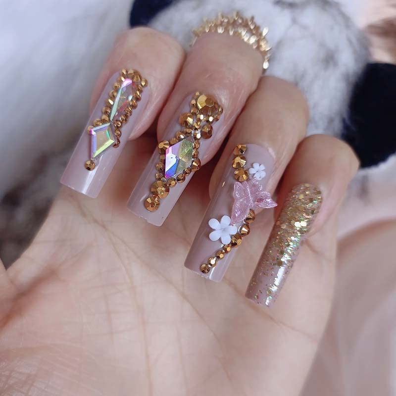 ZYBUXY luxury coffin fake nails,24pcs Khaki press on nails Full Cover Acrylic Nails for Women and Girls False Nails