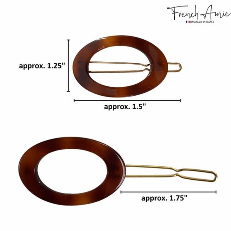 French Amie Oval Hoop Small 1 1/2” Tortoise Shell Celluloid Handmade Snap Hair Clips for Women Tige Boule Clasp Side Slide-in Barrette Clip Hair Accessories for Girl - 2 Piece