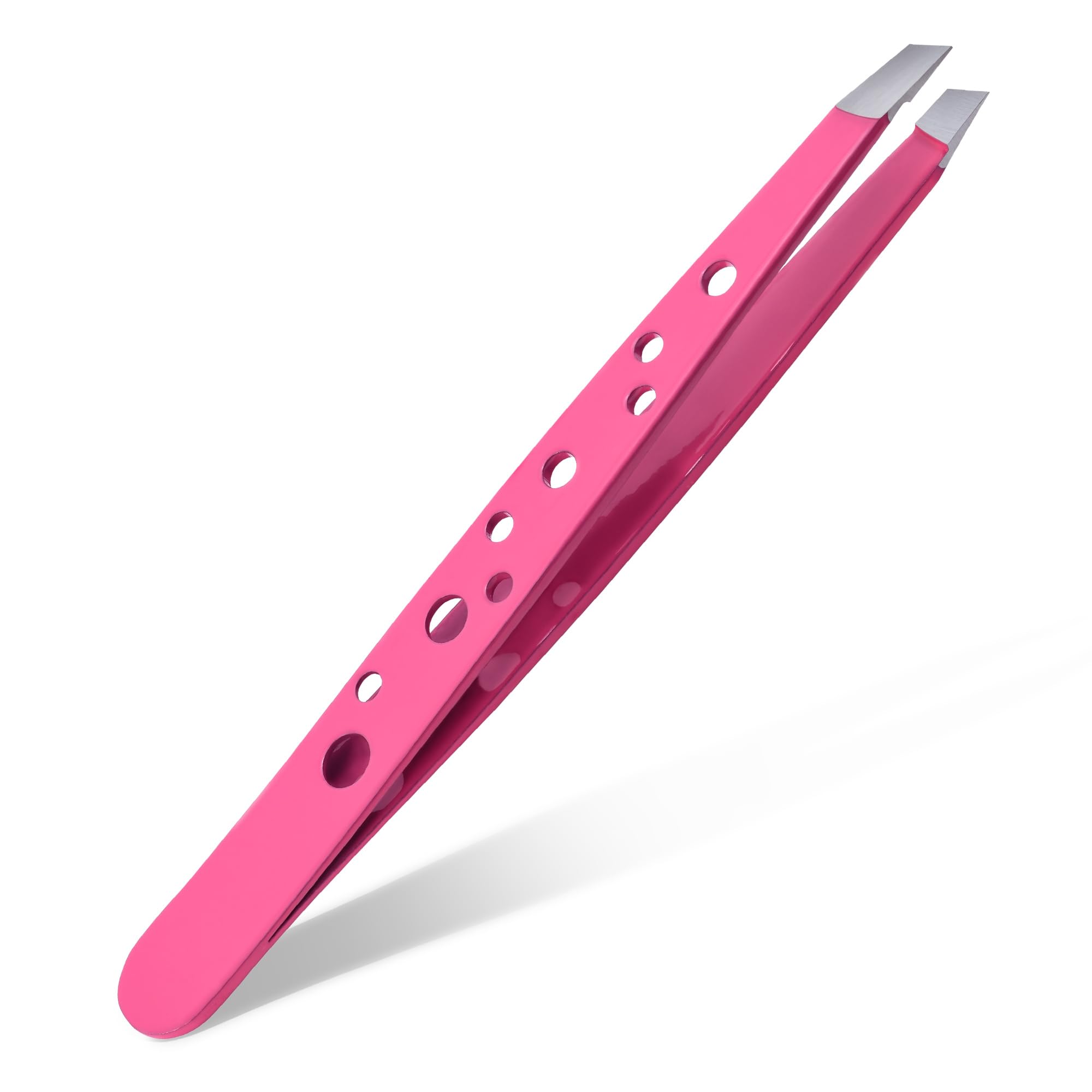 Professional Slant Tip Tweezers – Handmade Precision from Japanese Stainless Steel – 9-Hole Anti-Slip Grip for Perfect Eyebrow Shaping, Facial & Ingrown Hair Removal (Neon Pink)