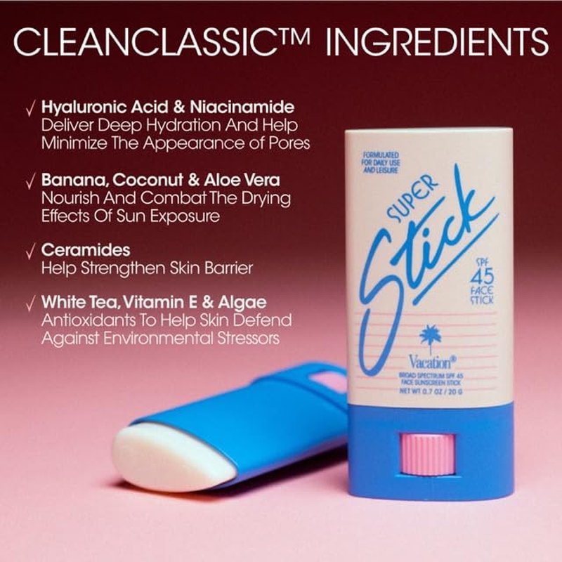 Vacation Super Stick SPF 45, Clear Sunscreen for Face & Air Freshener Bundle, Travel Size Sunblock, Facial Sunscreen Stick with Hyaluronic Acid, Daily Sun Protection, Vegan, 0.7 Oz