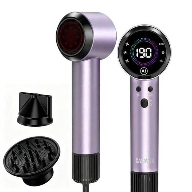 Ionic Hair Dryer with Auto-Adjusting Sensor,AI Hair Dryer with Magnetic Diffuser,160000 RPM High-Speed Hair Blow Dryer for Fast Drying,Compact Blow Dryer with 500M Plasma,Blow Dryer for Women(Purple)