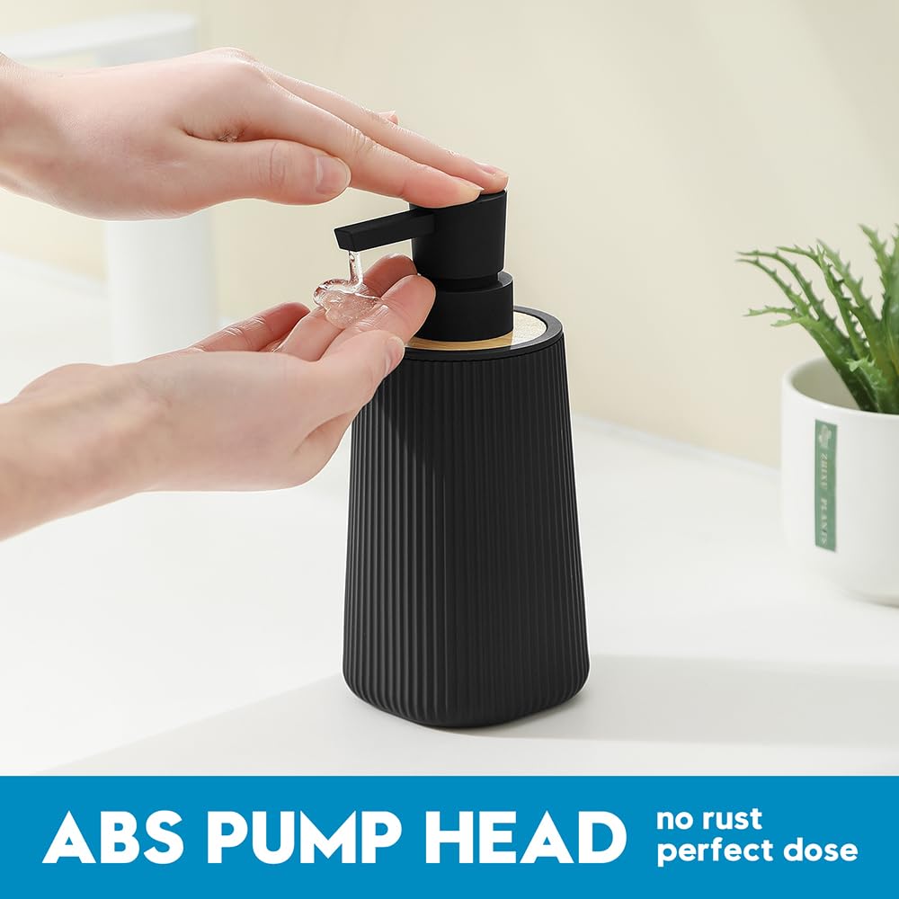 Small Soap Dispenser for Bathroom and Kitchen, Modern Farmhouse Striped Style Plastic Hand Soap Dish Soap Dispenser with Bamboo Decor Black