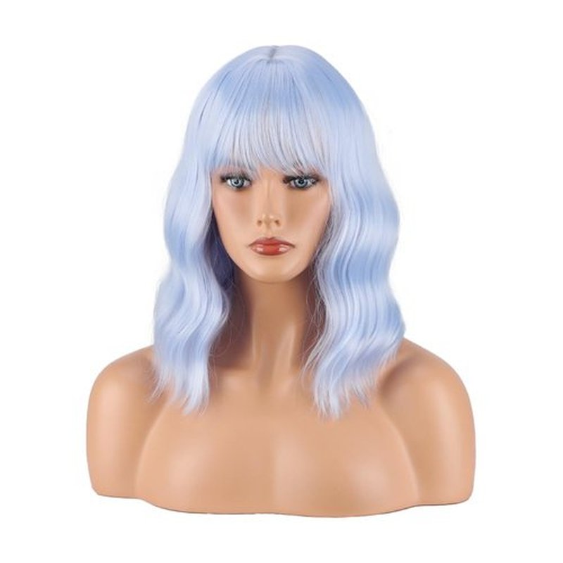 Greenmirr Light Blue Wavy Wig with Bangs Synthetic Ice Blue Bob Wig for Women Replecement Hair 14in