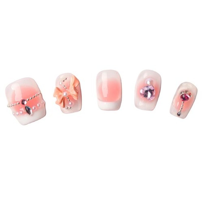 CHARMARK Press on Nails Short Square Handmade Gel Manicure, Unique Exquisite for Daily, Party, Bridal Decorations Nail Kit, 10Pcs Reusable Well Made Glue/Stick on Nail (01.pink French, S)