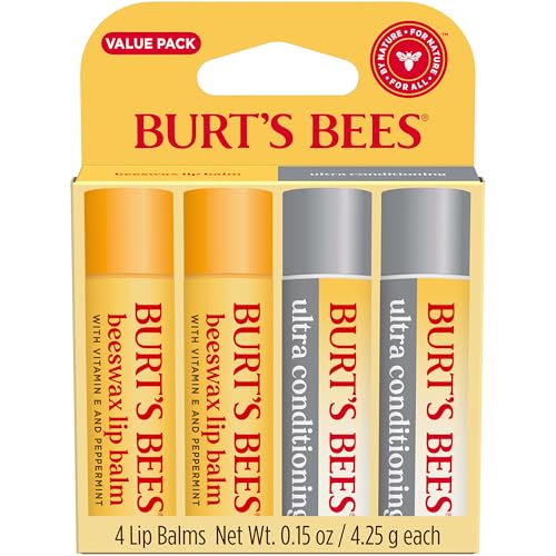 Burt's Bees Lip Balm Beeswax and Ultra Conditioning Lip Balm Pack, Hydrating Lip Moisturizer with Kokum and Shea Butter, Natural Origin Lip Care, 4 Tubes, 0.15oz.