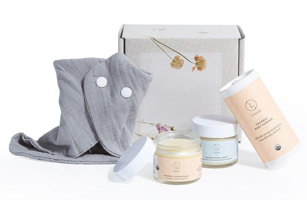 Lizush Organic Newborn Gift Set - 4-Piece Essentials with Gentle Skincare Products, Baby Towel and Burp Cloth for Boys or Girls - Handmade in the USA