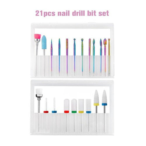 21pcs Nail Drill Bits Sets, 3/32 Inch Cuticle Electric Nail File and Ceramic Acrylic Gel Nail Bit Kit, Acrylic Nail Art Tools, Carbide Remover Bits for Manicure Pedicure, Home Salon