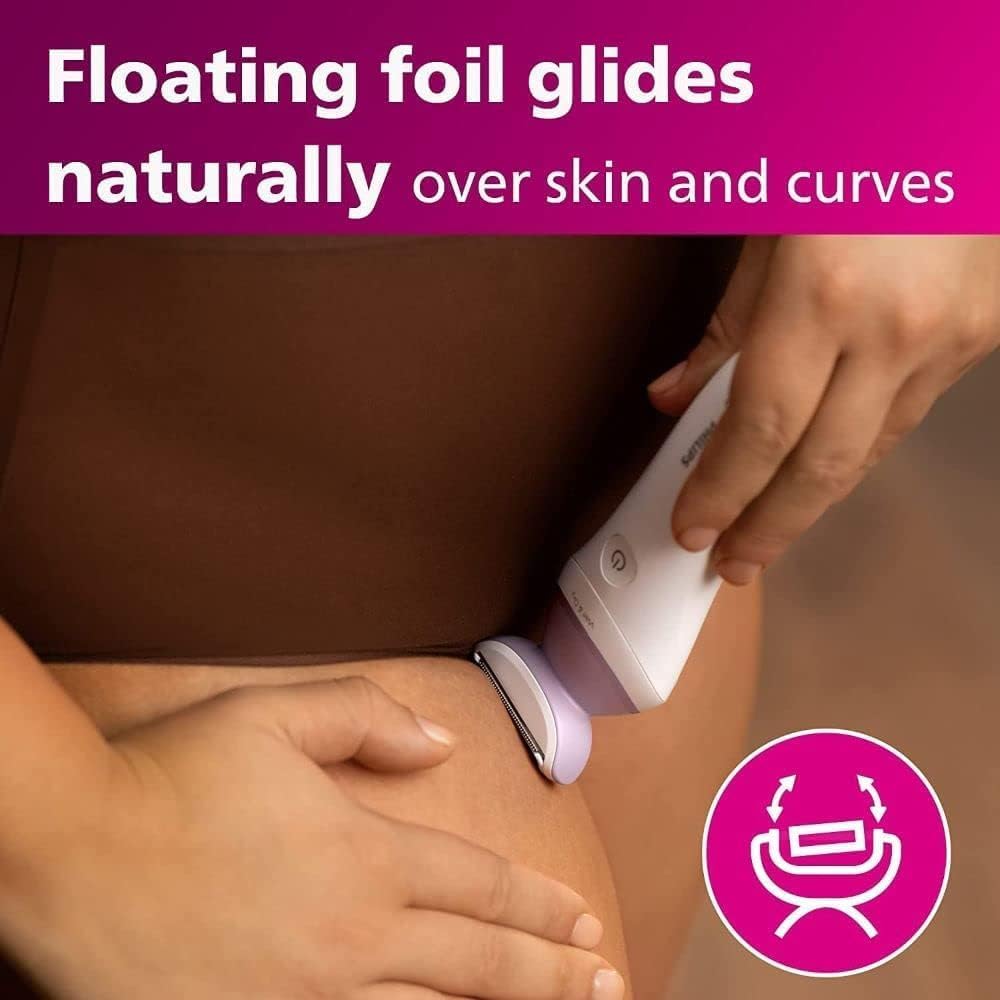 Philips Lady Shaver Series 6000, Single Foil Shaver - Wet & Dry, Cordless - Includes 4 attachments (trimming comb, soft glide cap, skin stretcher, exfoliation glove) - White/Purple - BRL136/00