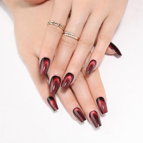Medium Coffin Press on Nails, Wine Red Cat Eye Press on Nails, Fashion Gel Fake Nails, Reusable Acrylic Fake Nails, Glossy Stick on Nails for Women Gift, Glue on Nails Kit 24 Pcs, Midnight Blaze