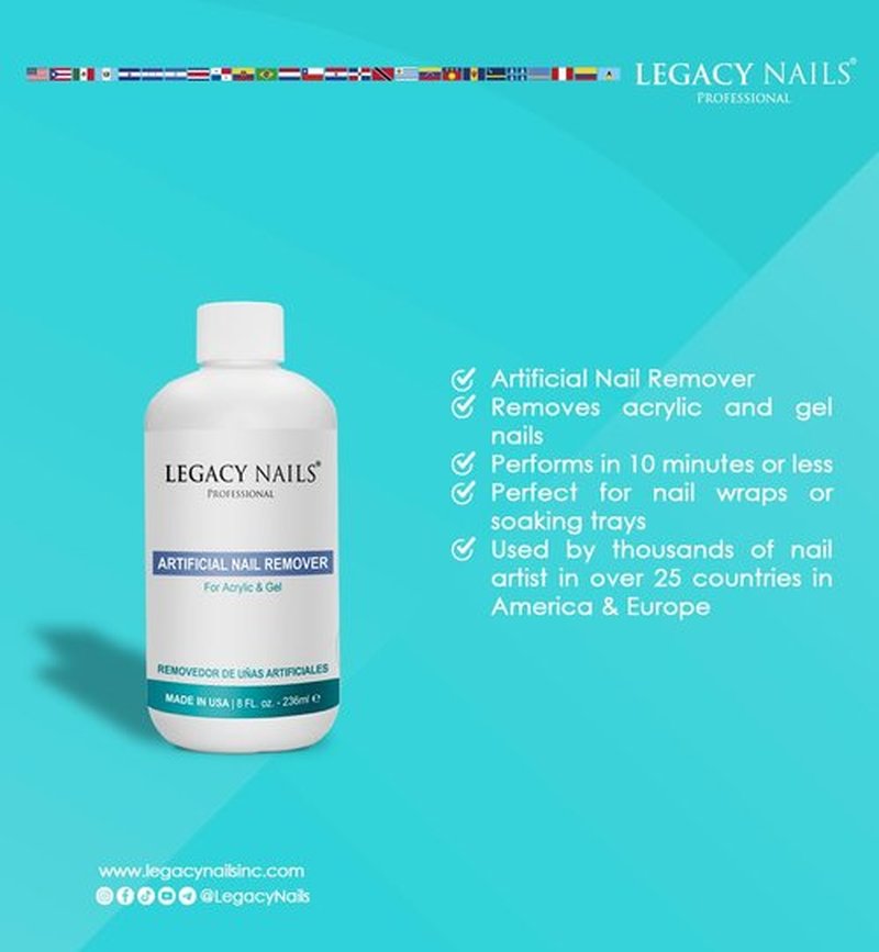 Legacy Nails Artificial Nail Remover 8 FL OZ / 236ml - Professional Nail Salon Formula – Removes Acrylic and Gel – Performs Gently and Quickly - Perfect for Nail Wraps or Soaking Trays