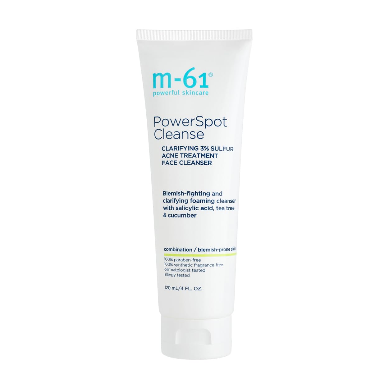 m-61 PowerSpot Cleanse - Acne-Fighting Face Wash | 3% Sulfur, Glycolic & Salicylic Acid, Tea Tree, Witch Hazel | For Combination & Blemish-Prone Skin | Derm & Allergy Tested | Made in USA - 4.0 Fl Oz