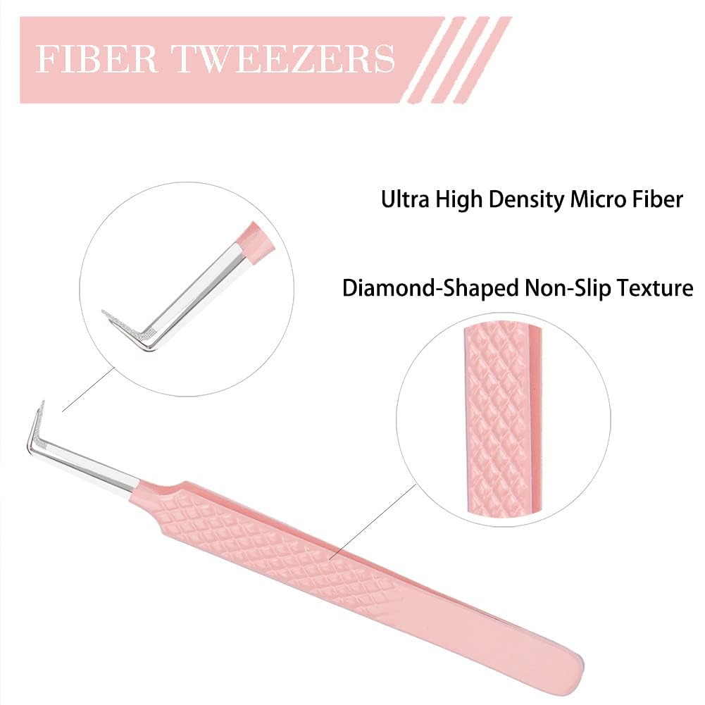 EYAKEG 90 Degree Lash Tweezers for Eyelash Extensions, Precision Fiber Tip Grip Mega Volume Lash Tweezers, Pink