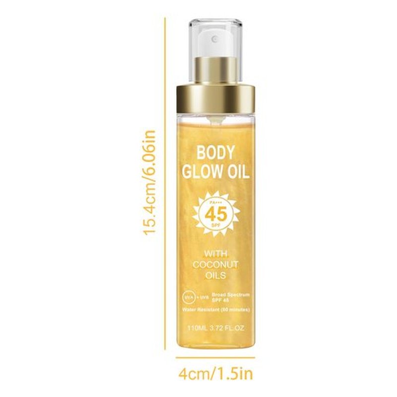Body Glow Oil, Sunscreen Shimmer Oil, SPF 45 Broad Spectrum, Body Oil with with Coconut Oils, Moisturizing Glow for Face & Body, Liquid Illuminator Highlighter, Water Resistant, 3.72 fl oz (#1 GOLD)
