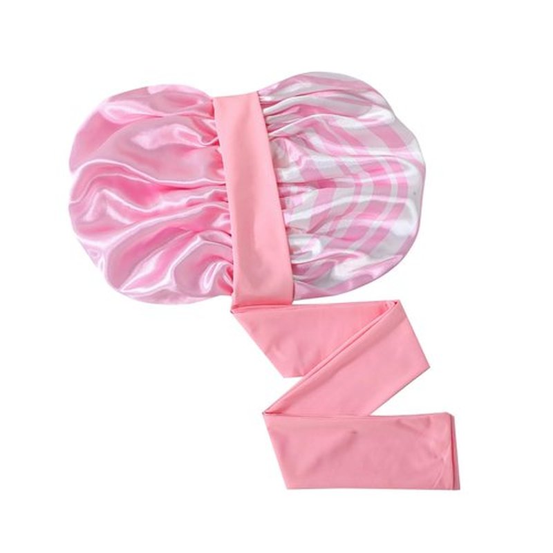 GDTOGRT Satin Silk Bonnet for Sleeping Women, Double Layer Sleep Hair Bonnets Caps for Curly Natural Hair with Tie Band - Pink Stripe