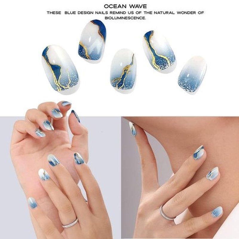 Semi-Cured Gel Nail Strips - 20 Salon-Quality Gel Sticker with UV Light Required, Long Lasting, Easy Application & Removal, Includes Prep Pad, Nail File, Wooden Stick (Blue Oceanwave)