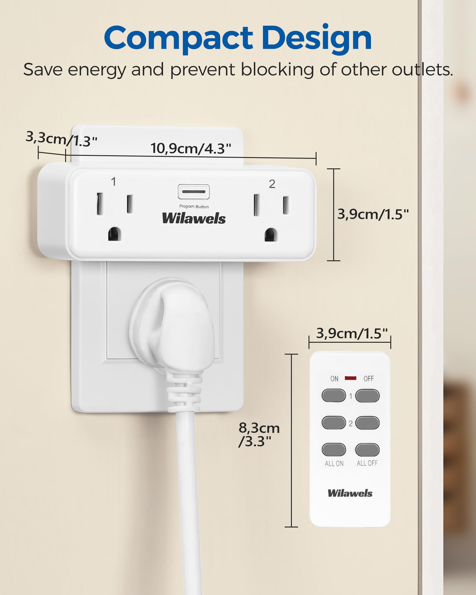 Remote Control Outlet with 2 Independent Control Sockets, WILAWELS Wireless Remote Light Switch for Christmas Tree Lights, String Lights 15A/1875W/125V, Compact, Programmable, FCC Certified W04RC1106