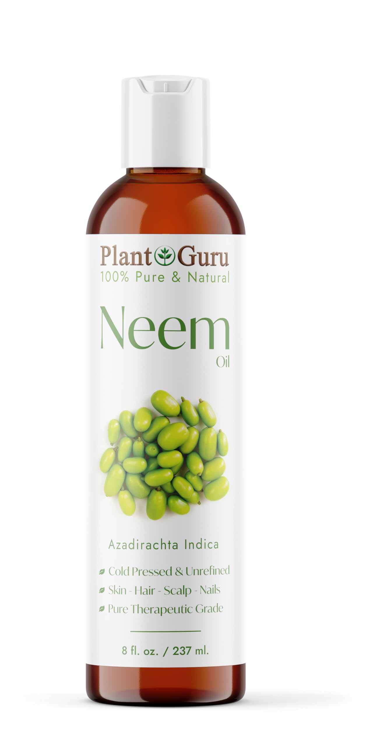 Plant Guru Neem Oil 8 fl. oz. – Unrefined Cold Pressed 100% Pure Natural – Nourishing for Skin, Hair, and Scalp – Hydrating and Moisturizing.