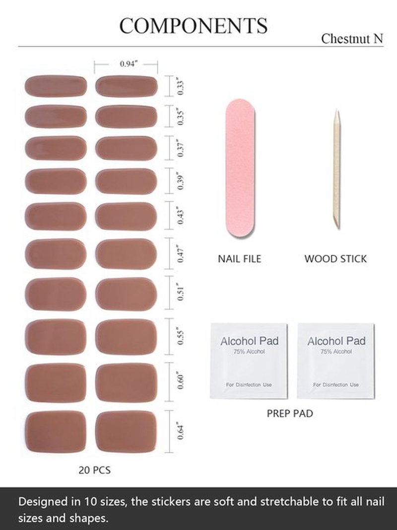 AutyaMee Semi Cured Gel Nail Strips (Chestnut N), Brown, 20 Pcs Fall Gel Nail Wraps, Stickers, UV Light Required, Salon Quality