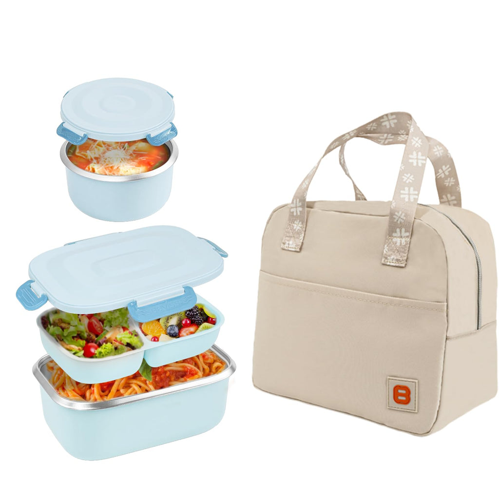 BEVISS 18/8 Stainless Steel Bento Box, Bento Lunch Box with Soup Bowl for Kids and Adults, Food Containers with Bag for Office or School, Blue