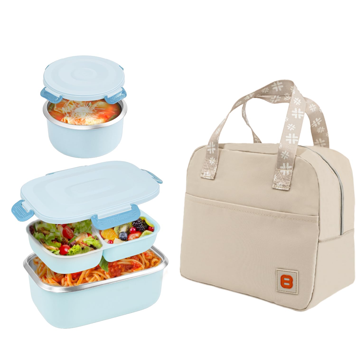 BEVISS 18/8 Stainless Steel Bento Box, Bento Lunch Box with Soup Bowl for Kids and Adults, Food Containers with Bag for Office or School, Blue