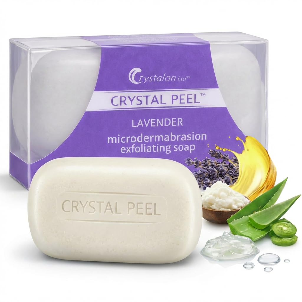 Exfoliating Bar Soap for Men & Women, Crystal Peel Luxury Microdermabrasion Hydrating & Exfoliating Body Soap Bar, Solid Magnesium Mineral Scrub for Buffing Away Dirt & Oil, Smooths Skin, Lavender 8oz
