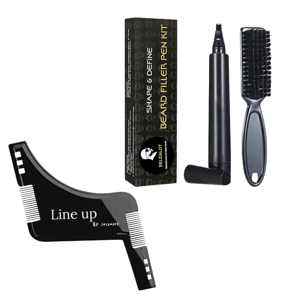 Beard Pencil Filler and Stencil Guide Template Shaper for Men Beard Lineup Tool Shape kit Waterproof Pen with Brush Barber Styling Pencil Grooming Kit (Black Pen & Black Liner Kit)