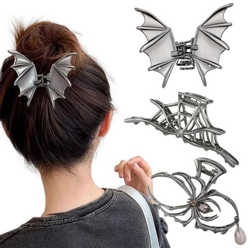 Halloween 3PCS Spider Net Bat Hair Claw Clips Hair Styling Accessories for Women Girls, Gothic Black Metal with Pearl Spooky Large Medium Size Catch Clips for thick Hair Holiday Gifts(Black Gun)
