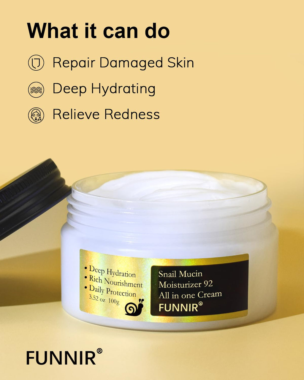 FUNNIR Snail Mucin Moisturizer 92%, Lightweight Moisturing Cream, 100g, Youthful and Radiant Formula, Repair Face Cream for All Skin Types, Skincare Products