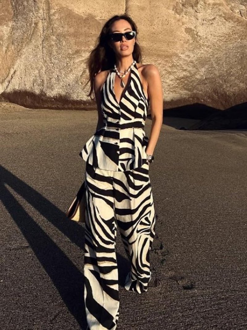 Skiennix 2-Piece Women's Outfit - Zebra Print Halter Top & Wide Leg Pants | Summer Vacation Ready