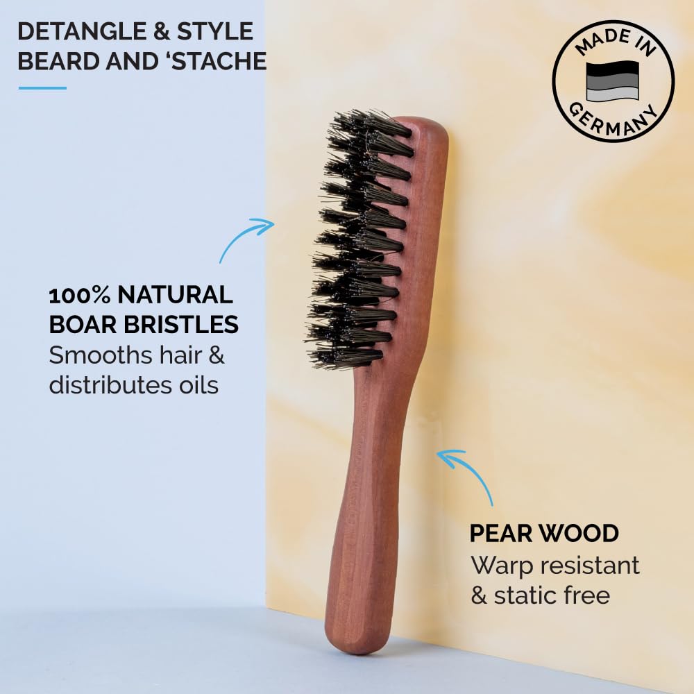 ZEUS 100% Boar Bristle Beard and Moustache Brush with Handle for Untangling Beard Hairs - Made in Germany