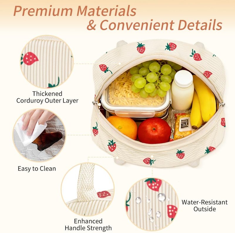 Coobiiya Corduroy Lunch Bag - Insulated Strawberry Tote for Work, Travel & Picnics | Large Capacity