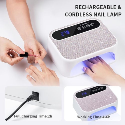 HeerMua Cordless UV Nail Lamp, 268W Rechargeable UV Gel Nail Light, Sparkling Rhinestones Diamond UV Light, Professional Fast Curing Nail Dryer with 4 Timers Touch Control Auto Sensor for Salon & Home