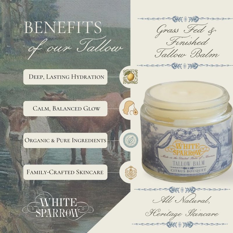 White Sparrow Farmacy Organic Grass Fed Tallow Balm - (Citrus Bouquet) Organic Tallow from Grass Fed Cows & All Organic ingredients. For Face and Body. (2.0 oz)…